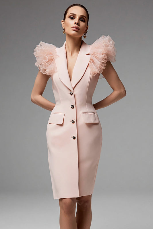 Pink Single Breasted Pencil Satin Short Blazer Dress with Ruffles