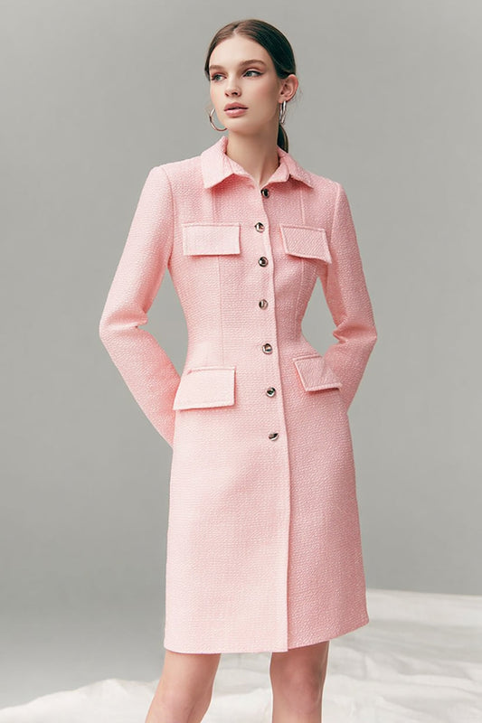 Pink Tweed Collar Single Breasted Short Pencil Blazer Dress with Sleeves