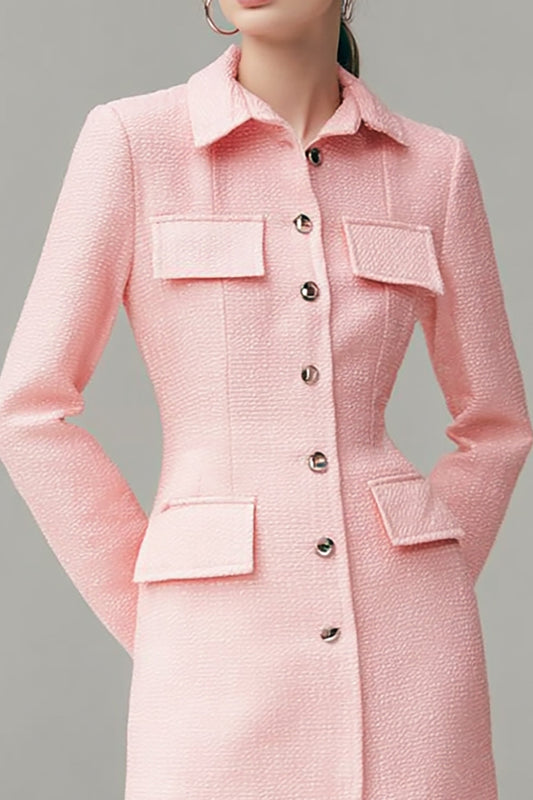 Pink Tweed Collar Single Breasted Short Pencil Blazer Dress with Sleeves