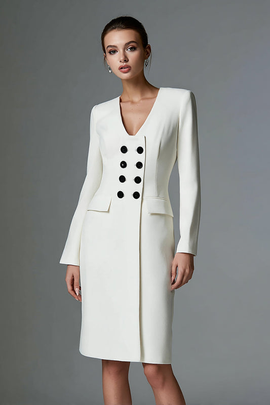Ivory Satin Pencil Double Breasted Short Blazer Dress with Sleeves