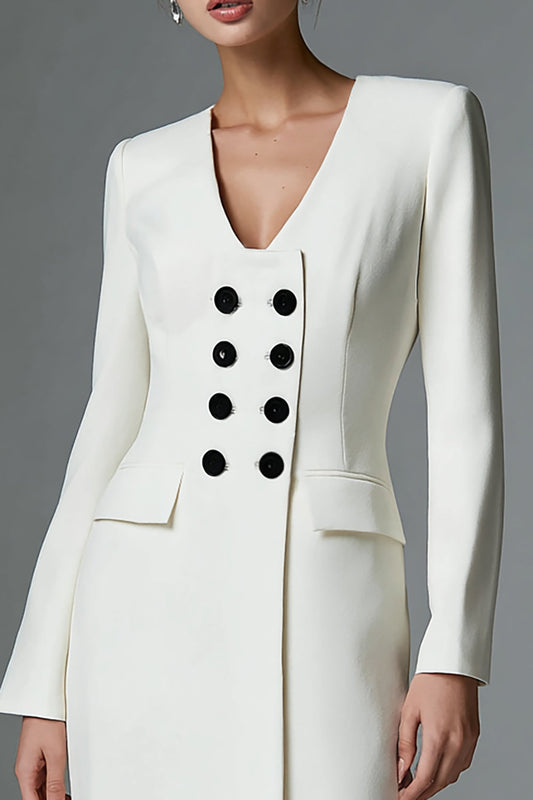Ivory Satin Pencil Double Breasted Short Blazer Dress with Sleeves