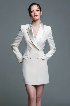 Ivory Satin Peak Lapel Double Breasted Short Blazer Dress with Sleeves