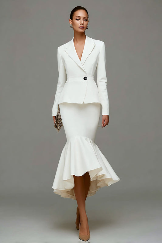 Zapaka Ivory Satin Midi 2 Piece Business Suits with Ruffles Notched Lapel Buttons Long Sleeves Work Suits