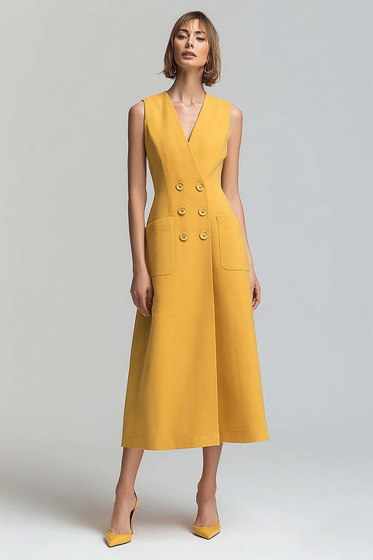 Yellow V-Neck Satin Double Breasted Midi Blazer Dress