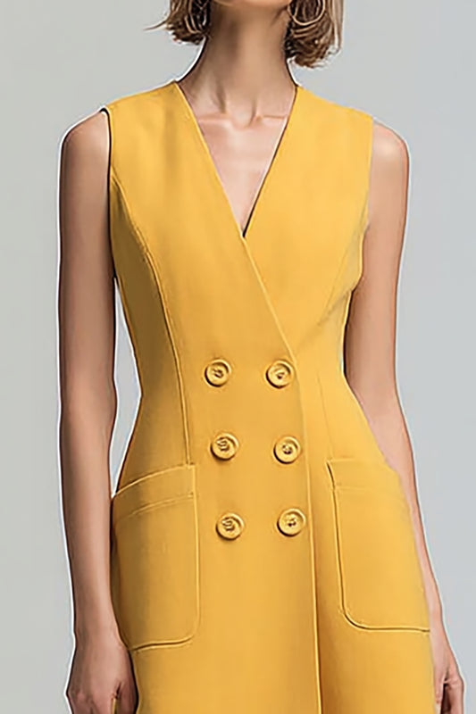 Yellow V-Neck Satin Double Breasted Midi Blazer Dress