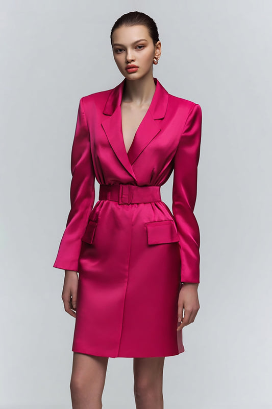 Fuchsia Notched Lapel Satin Short Blazer Dress with Belts