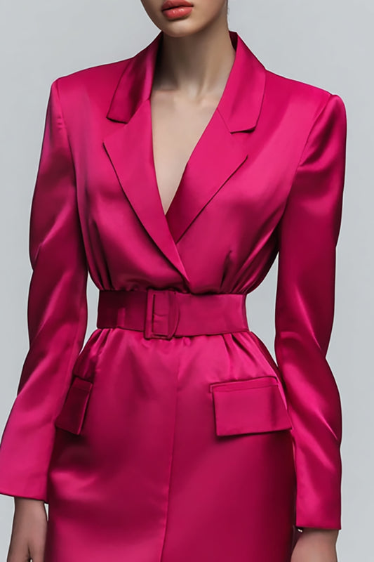 Fuchsia Notched Lapel Satin Short Blazer Dress with Belts