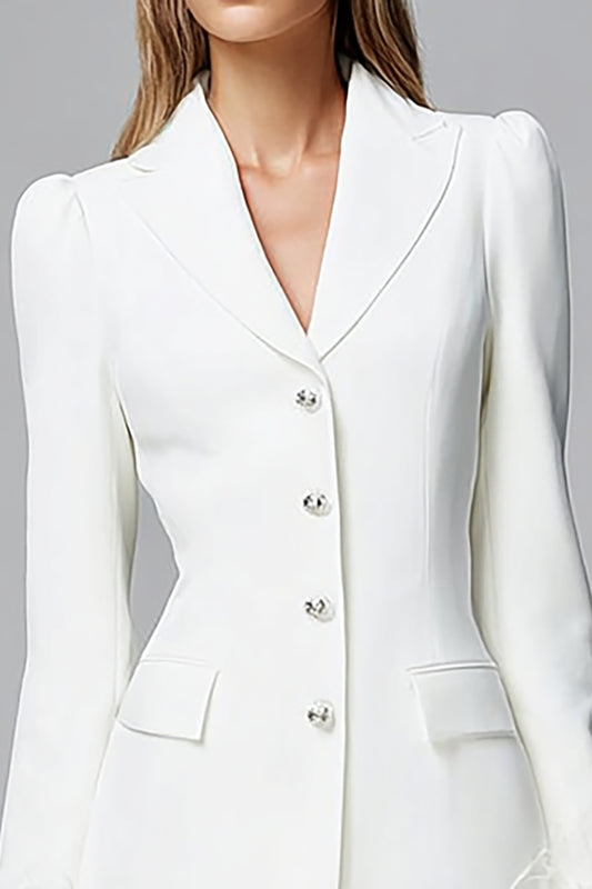 Ivory Notched Lapel Long Sleeves Short Blazer Dress with Feathers