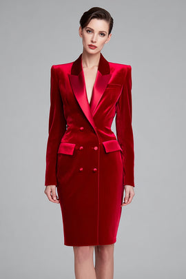 Red Peak Lapel Bodycon Velvet Double Breasted Short Blazer Dress with Sleeves
