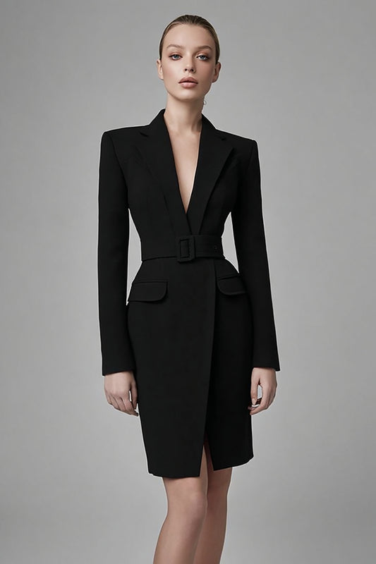 Simple Black Long Sleeves Bodycon Short Blazer Dress with Belts