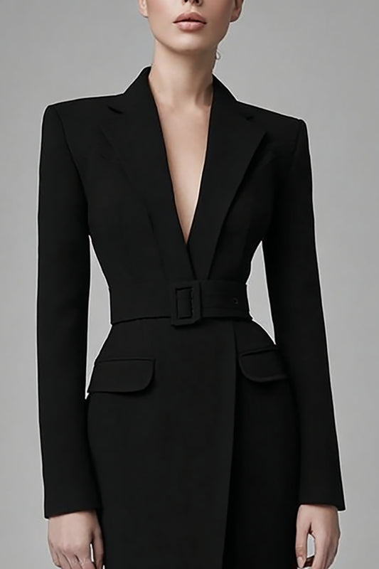 Simple Black Long Sleeves Bodycon Short Blazer Dress with Belts