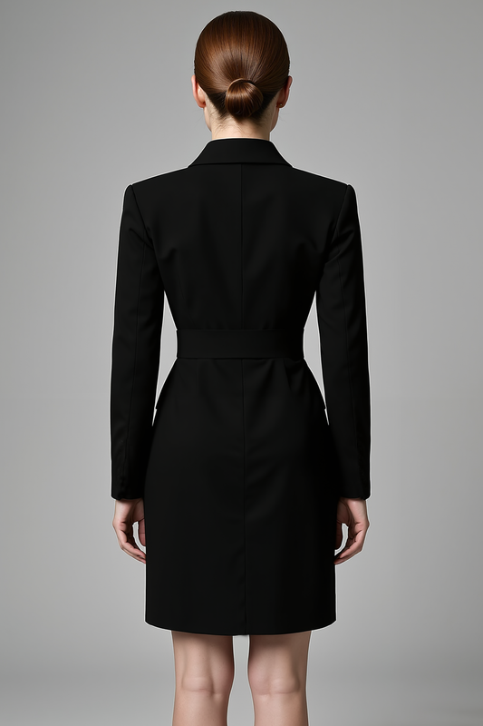 Simple Black Long Sleeves Bodycon Short Blazer Dress with Belts
