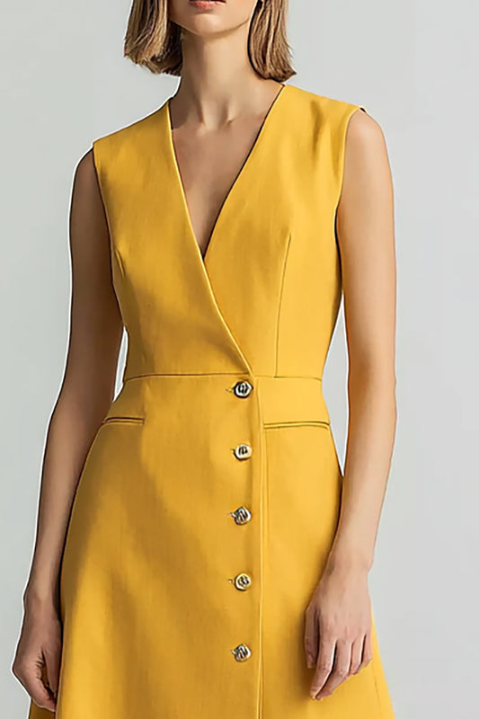 Yellow V-Neck Single Breasted A Line Midi Blazer Dress