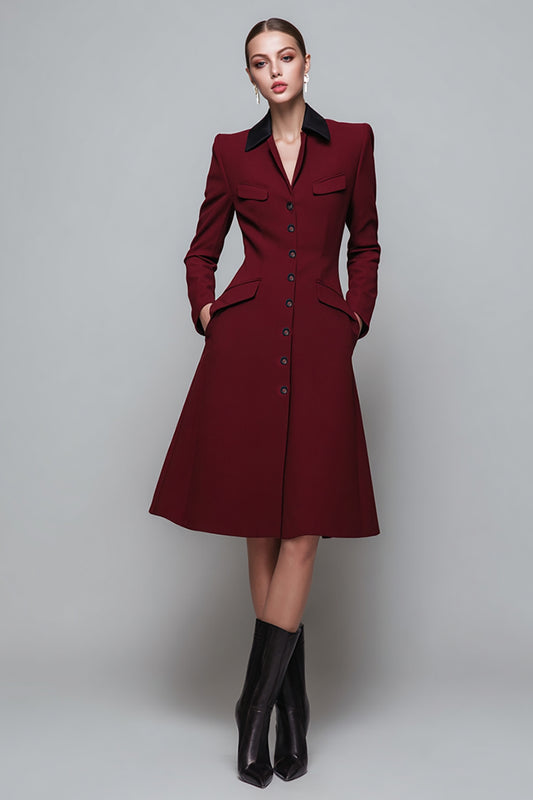 Dark Red Collar Neck A Line Midi Blazer Dress with Pockets