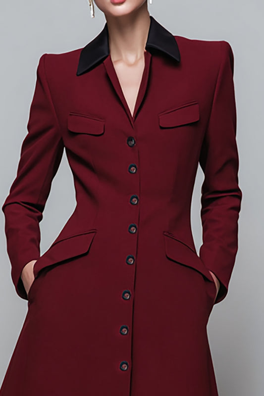 Dark Red Collar Neck A Line Midi Blazer Dress with Pockets