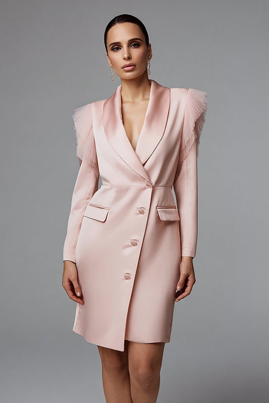 Pink Satin Shawl Lapel Single Breasted Pencil Short Blazer Dress with Sleeves