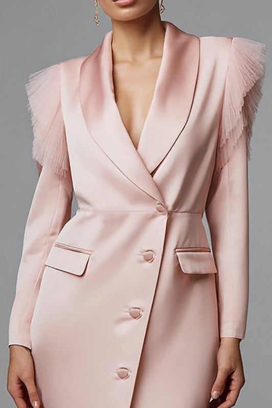 Pink Satin Shawl Lapel Single Breasted Pencil Short Blazer Dress with Sleeves