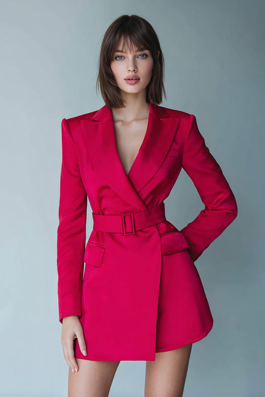 Fuchsia Satin Pencil Peak Lapel Short Blazer Dress with Belts