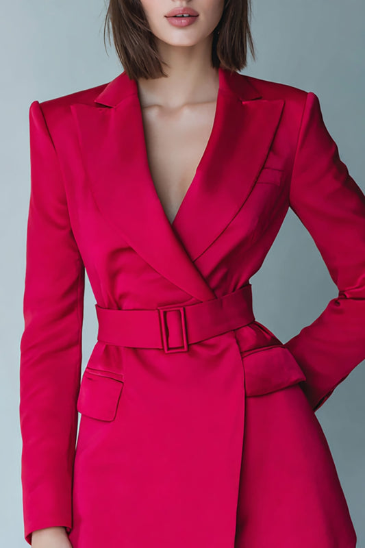 Fuchsia Satin Pencil Peak Lapel Short Blazer Dress with Belts