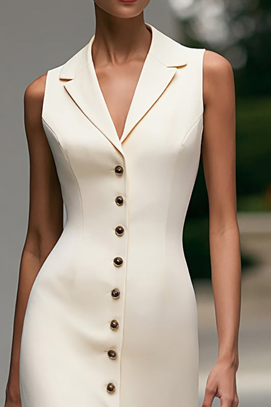 Ivory Notched Lapel Pencil Midi Single Breasted Blazer Dress