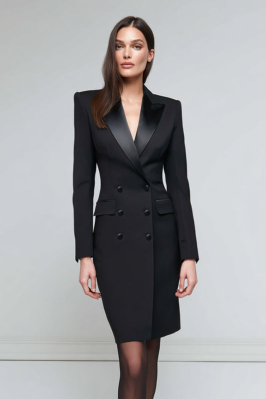 Black Satin Peak Lapel Pencil Short Blazer Dress with Sleeves