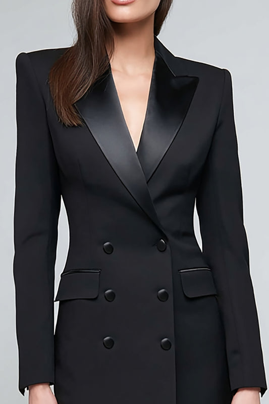 Black Satin Peak Lapel Pencil Short Blazer Dress with Sleeves