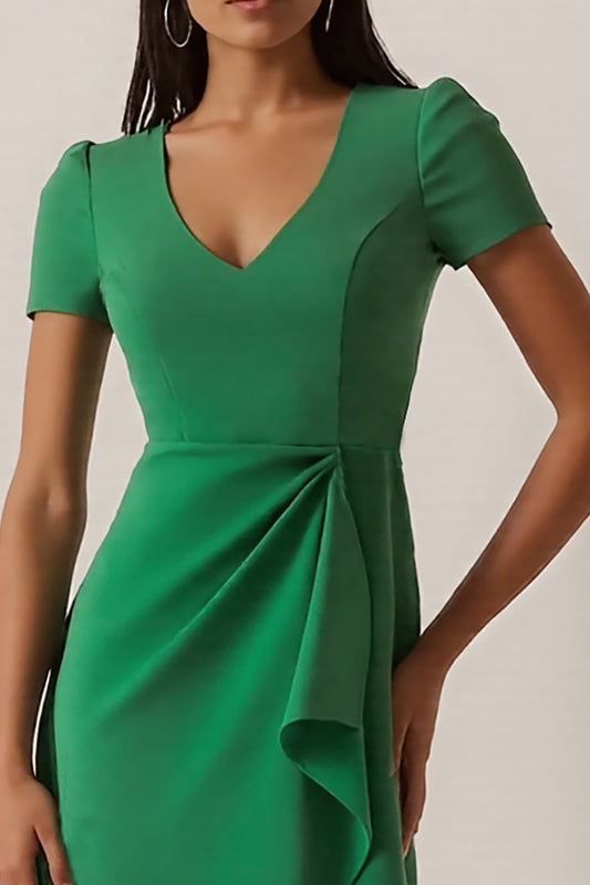 Green Ruched Ruffled Pencil Midi Work Dress with Sleeves