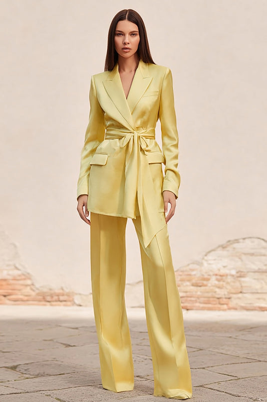 Daffodil Peak Lapel Satin 2 Piece Business Suits with Sash