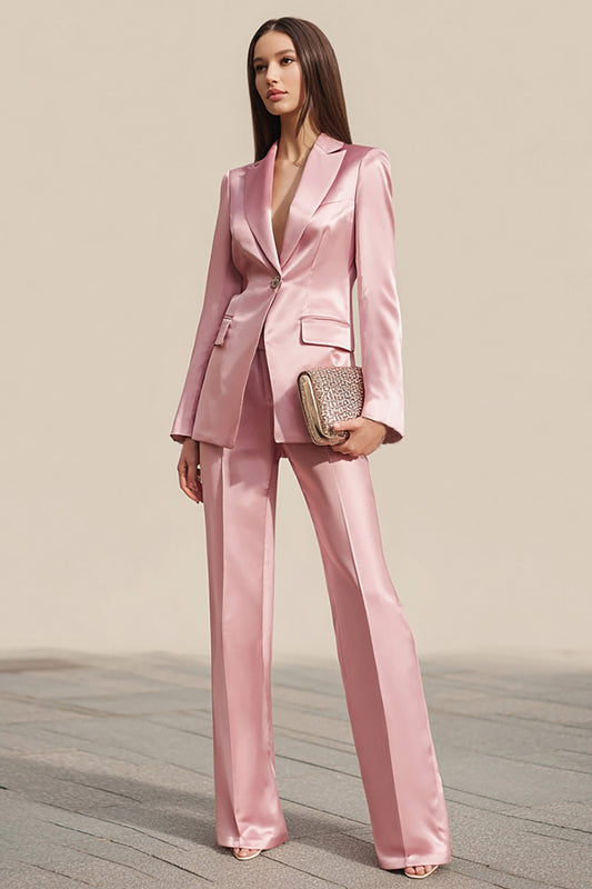 Dusty Rose 2 Piece Satin One Button Business Suits with Sleeves
