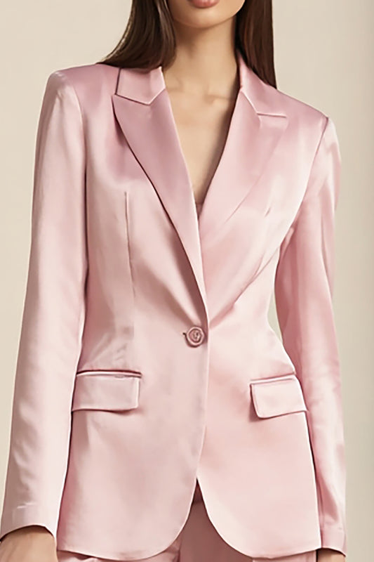 Pink Satin 2 Piece One Button Business Suits with Sleeves