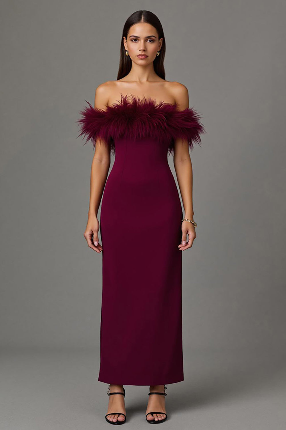 Zapakasa Women Burgundy Sheath Long Formal Dress with Feathers Off the