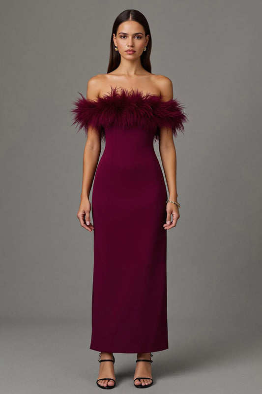 Burgundy Off the Shoulder Sheath Long Formal Dress with Feathers