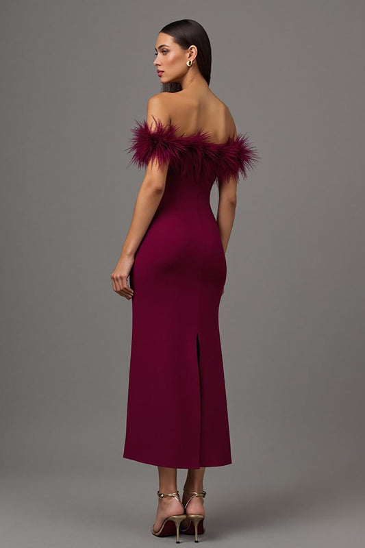 Burgundy Off the Shoulder Sheath Long Formal Dress with Feathers