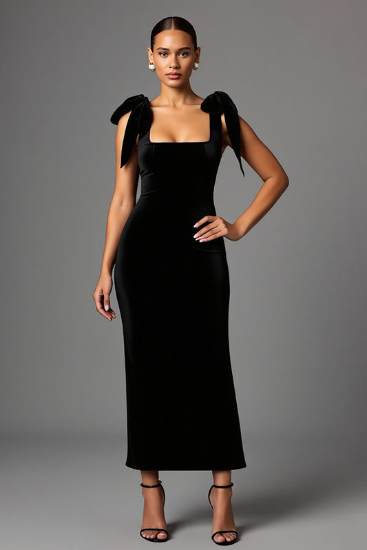 Black Square Neck Satin Sheath Long Formal Dress