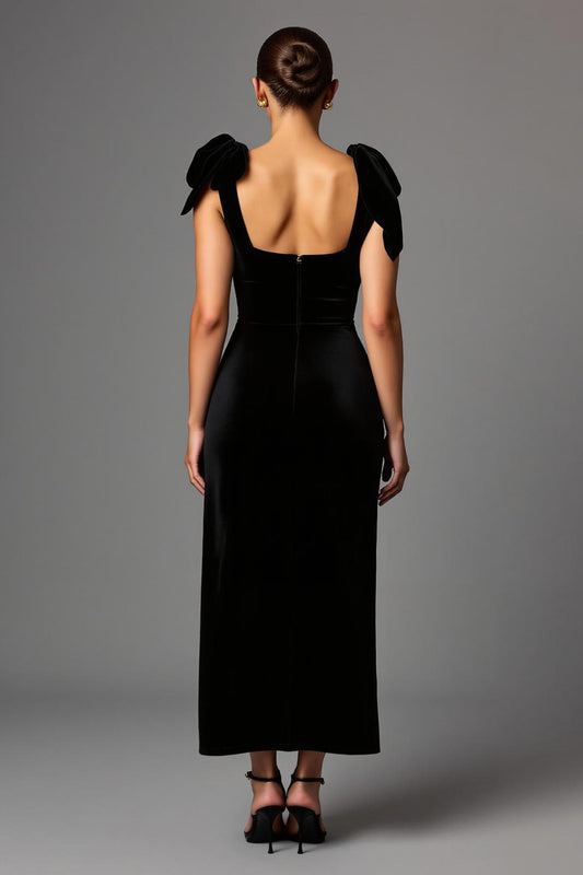 Black Square Neck Satin Sheath Long Formal Dress