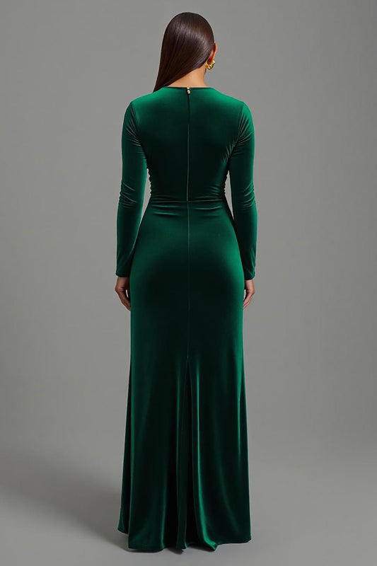 Dark Green Round Neck Velvet Long Holiday Party Dress with Slit