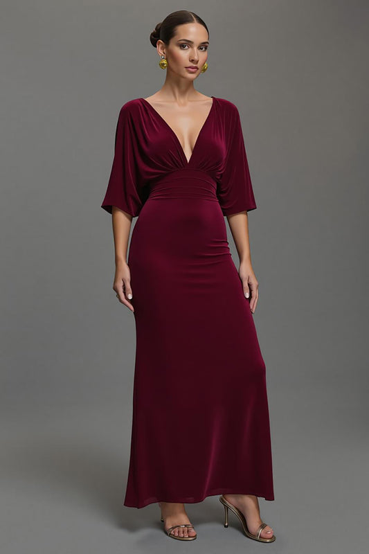Burgundy Velvet V-Neck Long Holiday Party Dress with Sleeves