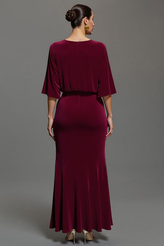 Burgundy Velvet V-Neck Long Holiday Party Dress with Sleeves