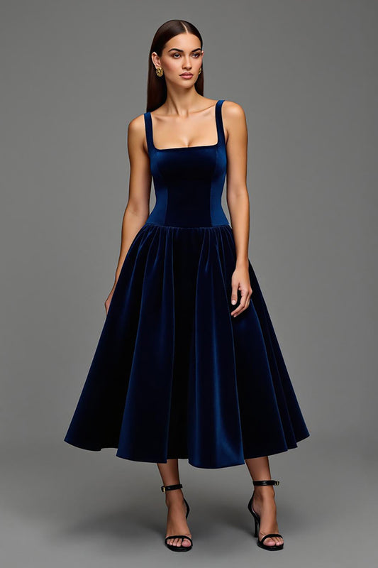 Navy A Line Velvet Square Neck Long Holiday Party Dress