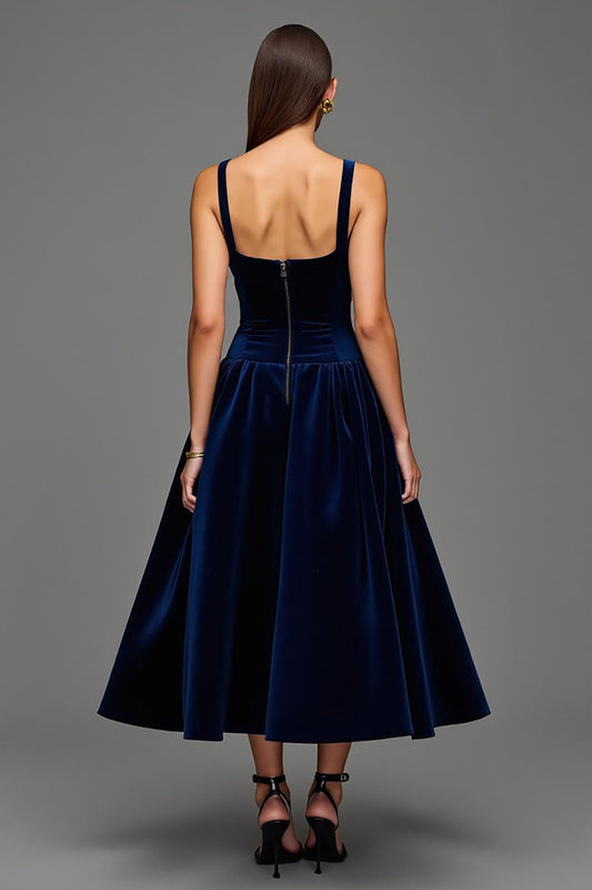 Navy A Line Velvet Square Neck Long Holiday Party Dress