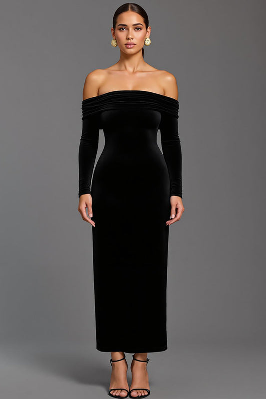 Black Velvet Off the Shoulder Sheath Long Holiday Party Dress