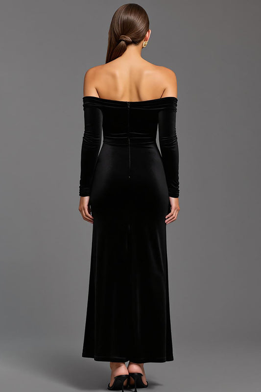 Black Velvet Off the Shoulder Sheath Long Holiday Party Dress