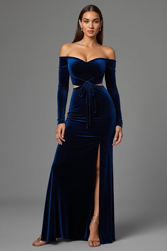 Navy Off the Shoulder Velvet Long Holiday Party Dress with Slit