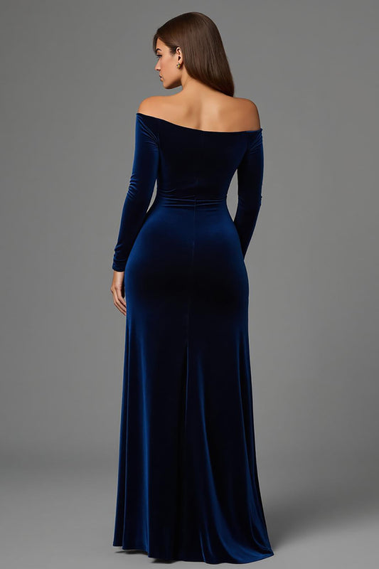 Navy Off the Shoulder Velvet Long Holiday Party Dress with Slit