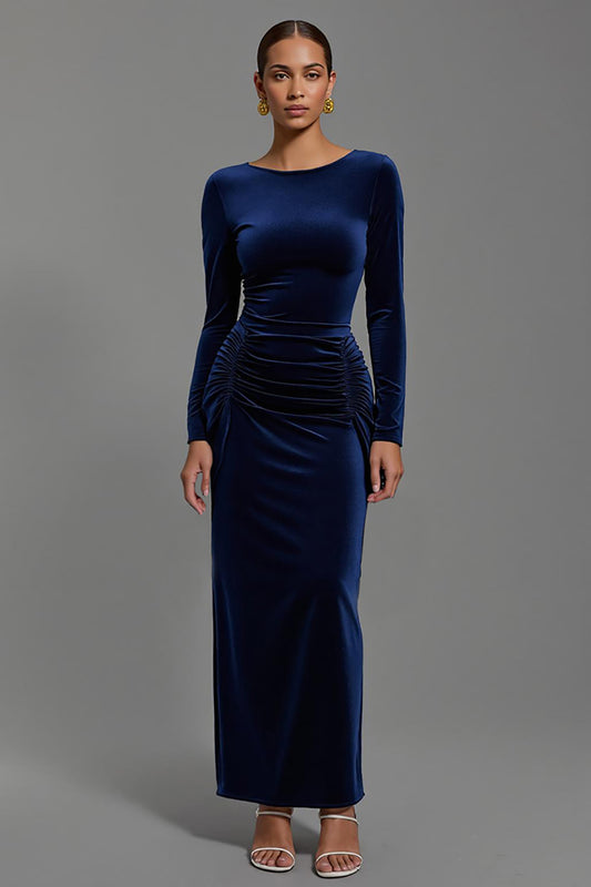 Navy Velvet Long Holiday Party Dress with Sleeves Boat Neck Sheath Formal Dress