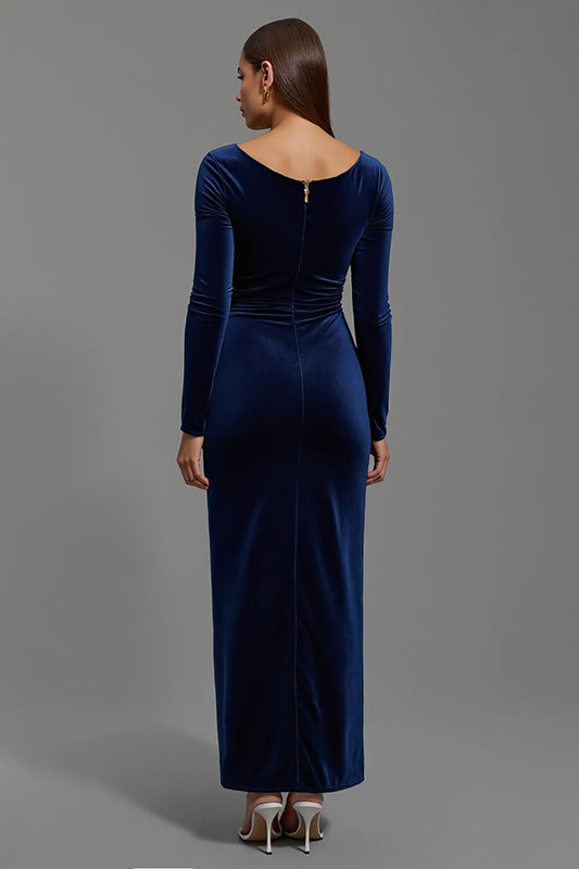 Navy Velvet Boat Neck Sheath Long Holiday Party Dress with Sleeves
