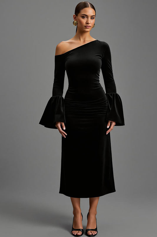 Black One Shoulder Sheath Velvet Long Holiday Party Dress