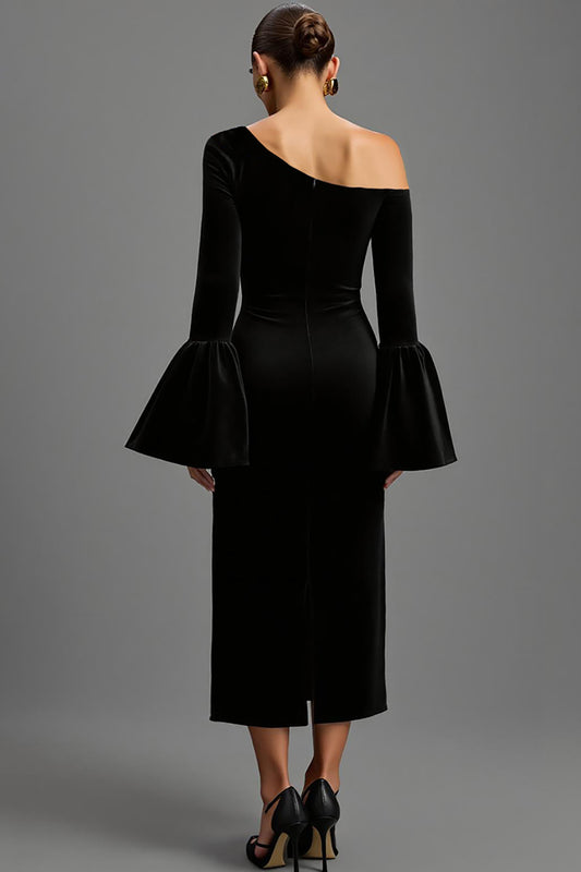 Black One Shoulder Sheath Velvet Long Holiday Party Dress