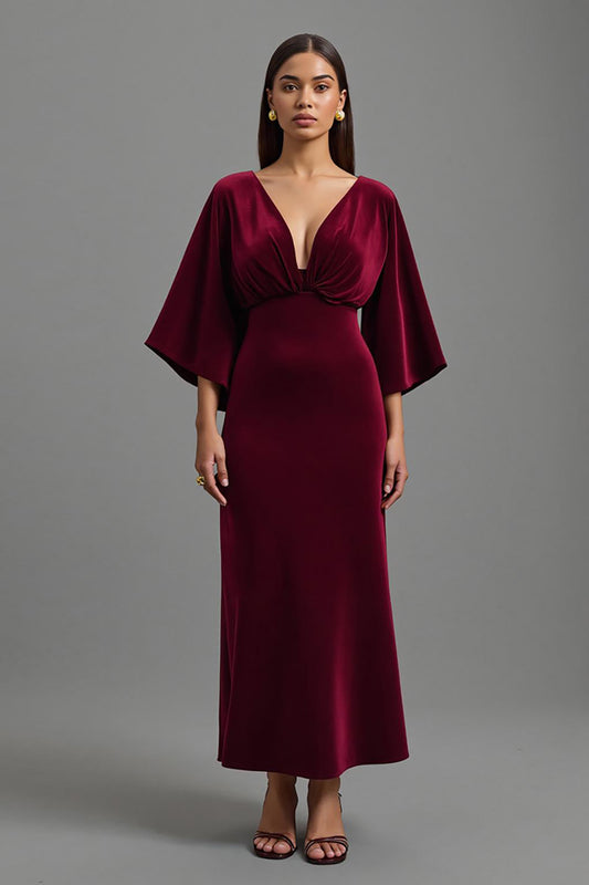 Burgundy V-Neck Velvet Sheath Long Holiday Party Dress with Sleeves