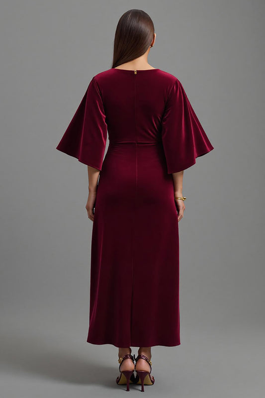 Burgundy V-Neck Velvet Sheath Long Holiday Party Dress with Sleeves